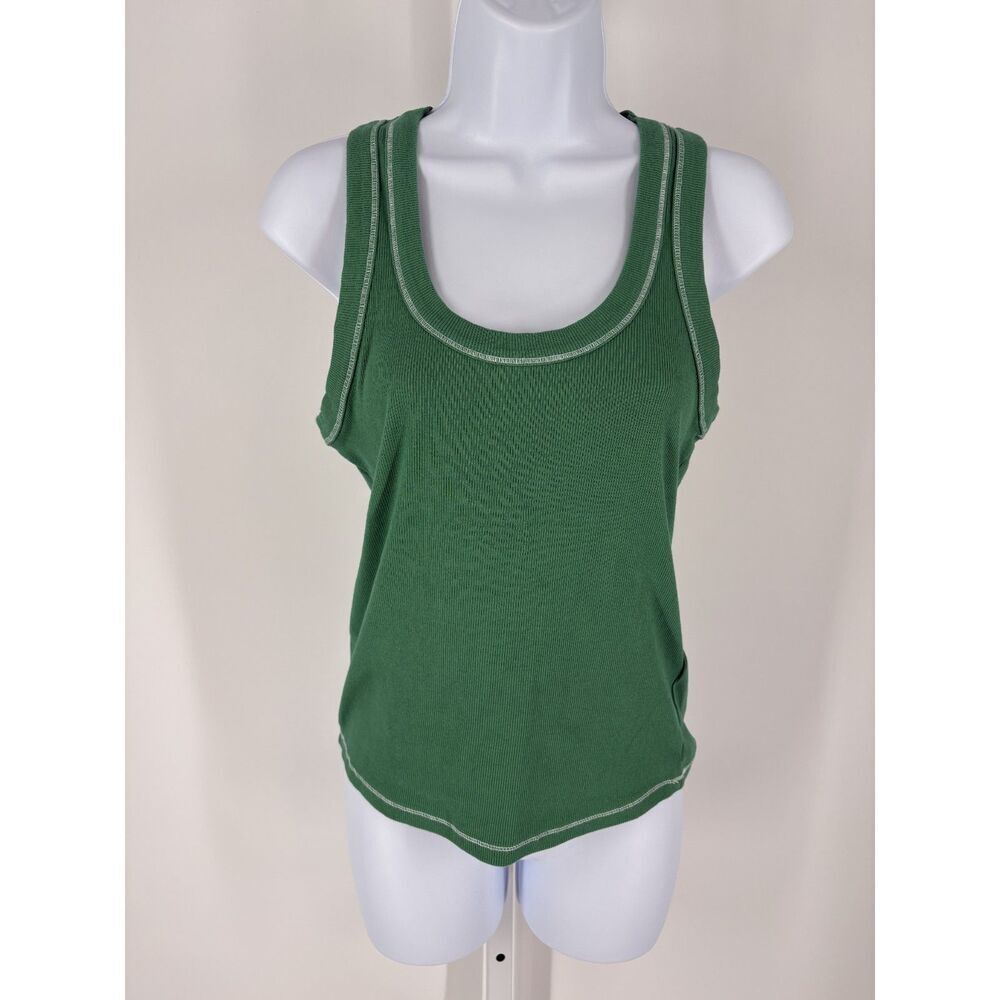 Pilcro Green Ribbed Tank Top | Scoop Neck Sleeveless Contrast Stitch Top